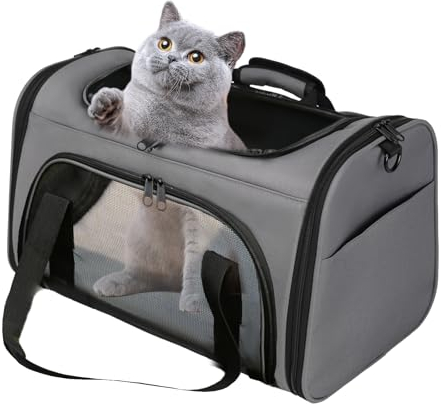 Bibykivn Atmungsaktive Katzentasche, Faltbare Katzentransportbox, Geeignet für Kleine und Mittelgroße Katzen und Hunde, Mehrere Öffnungen Oben, Vorne und an Den Seiten (Grau, L)