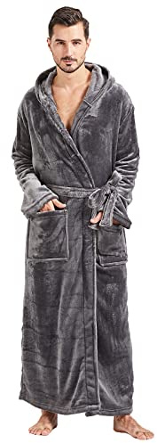 FashGudim Mens Robes Big and Tall with Hood Flannel Fleece Men Bathrobe with Hood Full Length Plush Long Robe Warm House Robe (Grey, L/XL)