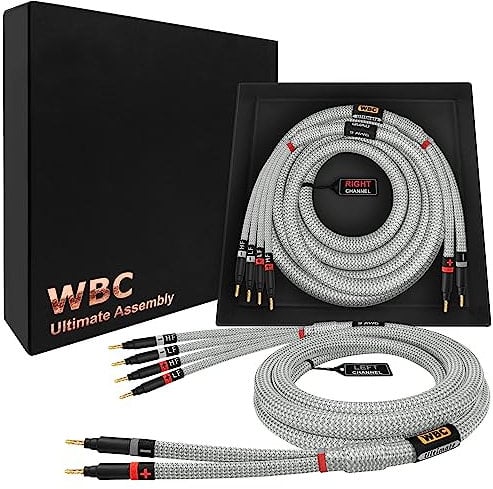 WORLDS BEST CABLES 3 Meter ULTIMATE - 9 AWG - Ultra-Pure OFC - Premium Audiophile HiFi Bi-Wire Speaker Cable Pair with Eminence Gold Banana Plugs & Silver Tweed Jacket