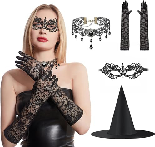 TKGEOUE Halloween Halskette Schnallen Maske Spitze,4 Stück Schwarz Gothic Spitze Zubehör Haarband Sexy Stirnband Spitze Halskette, mit Hexen Hut für Halloween Karneval Party.