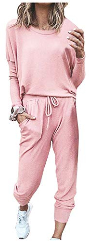 ADMAY Warme und bequeme Winter 2023 Y20K Damen Overalls mit langen Ärmeln Verband Lange Ärmel O-Neck Lange Hosen Frauen Plissee Hosen, Rosa, 50