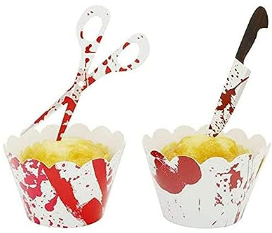 Dzrige Halloween 12pcs Cupcake Toppers & Wrappers, Paper, White with Red, Scary Bloody Knife Scissors, Durable, Horror Themed Party Gatherings, Ghost Party, Birthday Party