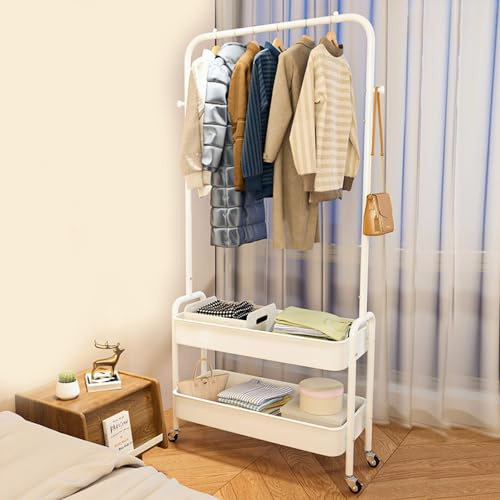 Kleiderständer Aus Metall, 2-Stöckig - Kleiderstange Für Schlafzimmer Mit Doppelten Aufbewahrungsregalen Und Kleinen Rädern - Robuster Organizer Für Kleidung, 68 cm (Weiß)