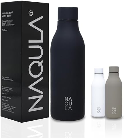 NAQULA® Thermosflasche Edelstahl 500ml. BPA Frei. Auslaufsicher. Modern. Stilvolle Trinkflasche. Minimalistische Wasserflasche. Geeignete Flasche für Büro, Sport, Schule. Schwarz (carbon black).