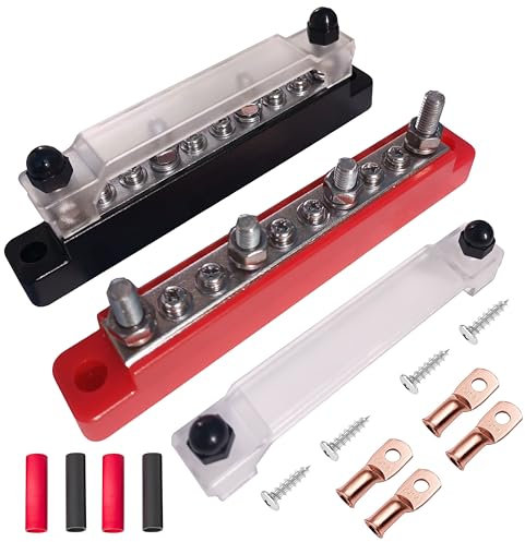 Tiwerlfe 10 Way Power Distribution Block Bus Bar 12v, 4 X 3/8 Posts, 6 X #8 Screws Terminals,Battery Bus Terminal Block with Cover 12 Volt Negative and Positive