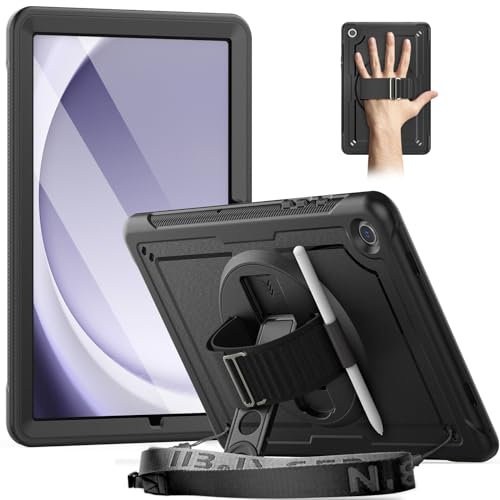 Timecity Case for Samsung Galaxy Tab A9 Plus Case 11 2023, Shockproof Cover with Screen Protector,Stand/360 Rotating Hand Strap,Pencil Holder, Heavy Duty Cover for Samsung A9+ Tablet,Black