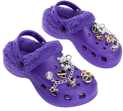 CityComfort Mädchen Clogs Kinder Hausschuhe, Warme Fleecefutter & Abnehmbaren Schuh Charms, Geschenke für Kinder Teenager (33 EU, Lila mit Charms)
