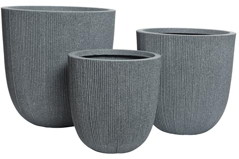 Decoris Blumentopf Outdoor geriffelt 31-44cm 3er Set - Kunststoff Pflanzenkübel Pflanzkübel außen Grau - Blumenkübel Übertopf draußen - Pflanzgefäße für draußen - Garten Deko Pflanzentopf Pflanztopf