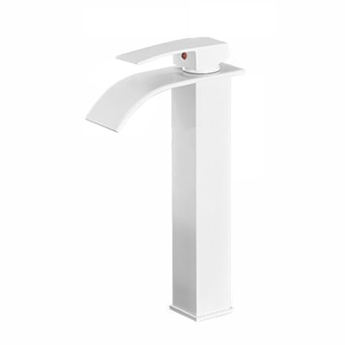 Grifo de Lavabo para Baño en Cascada Grifo Alto de Latón para Agua Fría y Caliente Monomando Boca Ancha Cascada Alta Blanco Alto Mezclador de Baño Monomando
