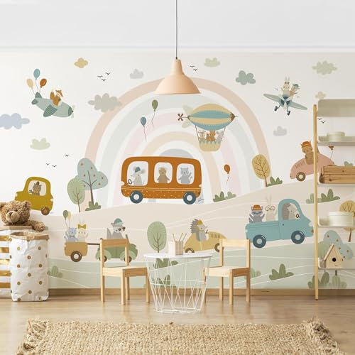 Bilderwelten Fototapete Kinderzimmer 225 x 336 cm Kinder Kindertapete Autos Regenbogen Vliestapete Tapete Wanddeko Ideen