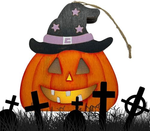 Generisch Lanterne a LED per Halloween, per il viso, per Halloween, in legno, decorazione per feste, di scena a batteria, lampada interna per porta da parete, casa infestata