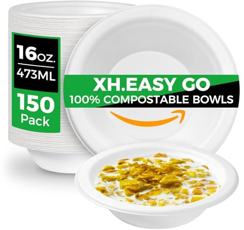 XH.Easy Go Disposable Paper Bowls 16 Oz [473ml] - 150 Pack, Heavy Duty Disposable Paper Bowls, 100% Compostable and Biodegradable Round Paper Bowls Made from Bagasse, Soup Paper Bowls (Natural White)