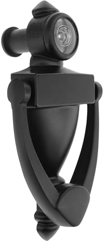 TB-SENROCA Elegante aldaba de puerta negra mate de 5 pulgadas con mirilla de 180 grados, perfecta para seguridad de puerta delantera, incluye mirilla y aldabas de puerta para puerta delantera