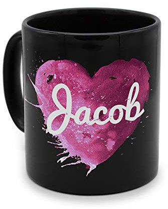 printplanet - Tasse Schwarz mit Namen Jacob - Motiv: Painted Heart - Namenstasse, Kaffeebecher, Mug, Becher, Kaffeetasse
