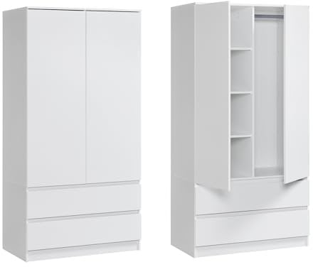 Moderner Kleiderschrank Weiß mit Schubladen | 2-türiger Kleiderschrank Garderobenschrank mit Regalböden, Kleiderstange und 2 Schubladen für Schlafzimmer, Kinderzimmer, Flur | 90x51x182 cm (LxBxH)