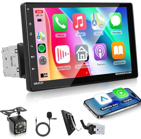 sans Fil Carplay Autoradio 1 Din avec sans Fil Android Auto Bluetooth 9 Pouces Écran Amovible Autoradio avec iOS/Android Mirror Link FM Radio USB/EQ/AUX/TF/MIC Commandes au Volant Caméra de Recul