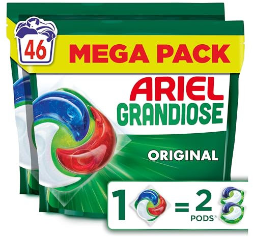 Ariel Grandiose PODS Original, 46 Lavages, 2X Action Détachante et Anti-Odeur, Dissolution Rapide Même à Froid, Économisez 60% d'Électricité, Pour Lessives Mixte et Taches Tenaces, Fabriquée en France