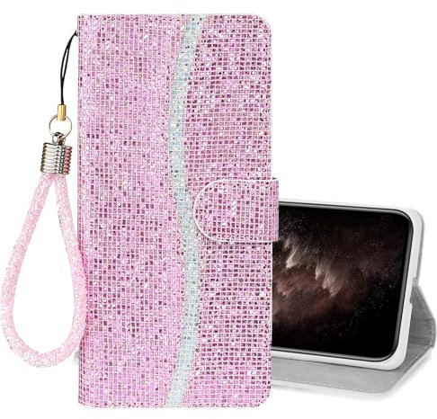 IMEIKONST Bling Glitter Case for iPhone 11 with Card Holder, Sparkle Sequins Leather + TPU Design Flip Wallet Support Stand Magnetic Closure Shockproof Cover for iPhone 11. Pink RXS