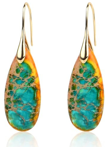 2 Stück Heilstein Ohrringe, Fischohrringe Ohrhänger mit Tropfenstein-Anhänger Trendiger Statement-Schmuck für Frauen (Orange Blau)