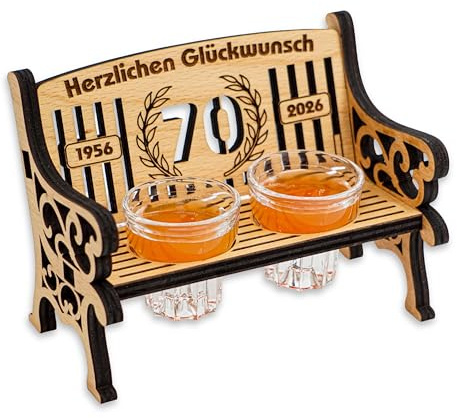 DARO Design - Schnapsbank Holz mit Gravur mit 2 Schnapsgläser - 70 Jahre - 16x12 cm Groß - lustige Geschenkidee - originelles Geschenk zum Geburtstag Firmenjubiläum Hochzeitstag Jubiläum