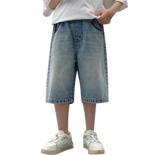 Short en jean longueur genou pour garçons - Short ample en jean d'été - Taille élastique - Jambe droite - Bermuda vintage avec poches - Style hip-hop streetwear, Bleu clair., 12-13 ans