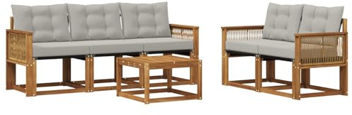 vidaXL Outdoor-Sofagarnitur mit Kissen 6 pcs Natürlich und Hellgrau, Gartenmöbel, modernes Ecksofa, langlebige Terrassen-Sitze, stilvolle Lounge für deinen Outdoor-Bereich