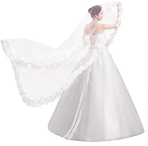 IBLUELOVER Voile de Mariée avec Dentelle Bords Onde Voile de Marriage Longue 5 Mètres élégant Beau Voilette Blanc Nuptiale Accessoires de Marriage Princesse Tulle Cathédrale Cérémonie Photographe