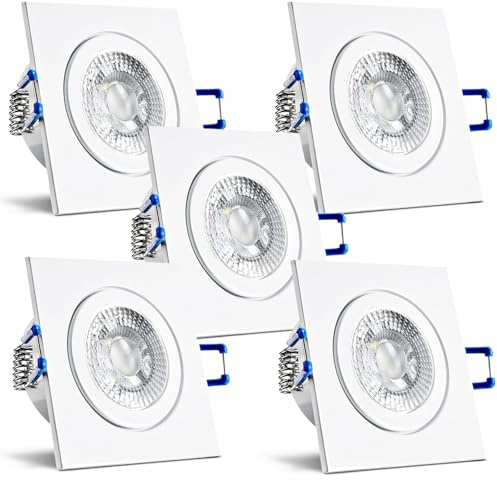 trendlights24 Mare IP44 Bad LED Einbaustrahler 230V 3 Stufen dimmbar 5x Set | ultra flach, 35 mm Einbautiefe, Weiß, eckig, Spot, 5W, Neutralweiß, 4000k, 3 Step dimmbar, für Feuchtraum, Badezimmer