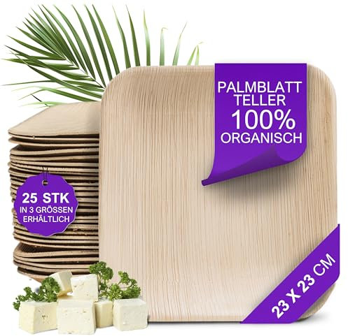 Waipur Bio Palmblatt Geschirr - 25 Stück eckig 23x23 cm - Premium Einwegteller kompostierbar - Umweltfreundliches Partygeschirr - ähnl. Einweg Bambus Teller