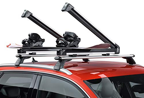 Audi 4M0071129 Skihalter Snowboardhalter Grundträger Dachgepäck T-Nut Tragstäbe, für bis zu 4 Paar Ski oder bis zu 2 Snowboards, ohne Ausziehfunktion, Silber