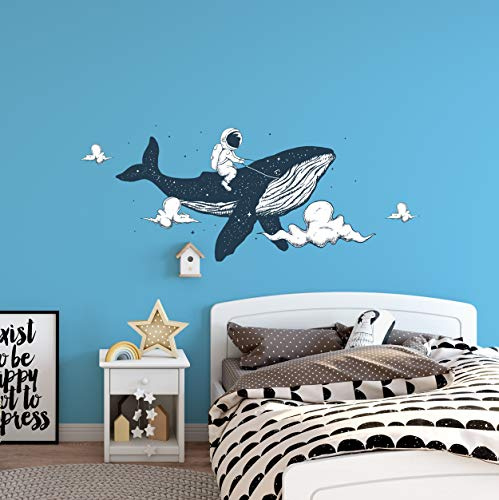 Wandtattoo Wandaufkleber Wal Astronaut Weltraum Kollektion Bunt | Tierdeko Tiermotiv Naturdeko Haustier Look Kinderzimmer Babyzimmer Wohnzimmer Spielzimmer Flur Wanddeko Wandfolie 151x50 cm