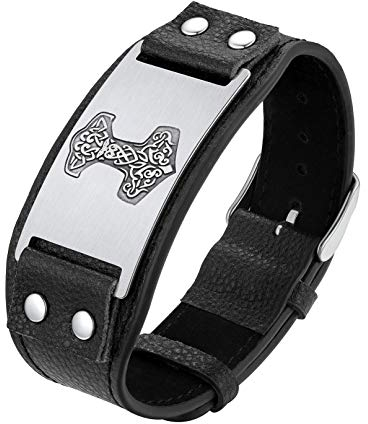 Bandmax verstellbare Manschette Armband für Männer und Jungen - Faux Leder Armband mit Porträt des Thors Hammer Wirking Amulett Armschmuck für Geburtstag oder Jahrestag