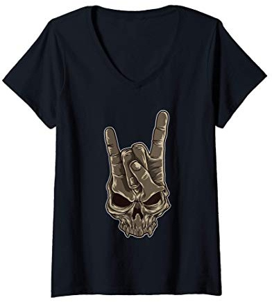 Femme Cornes du diable avec un crâne - Geste de la main en métal T-Shirt avec Col en V