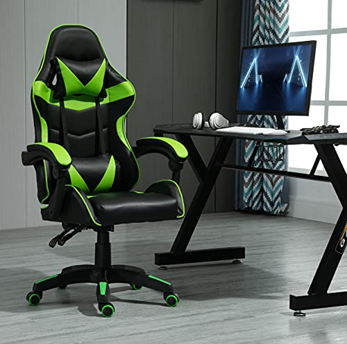 mcc direct Swivel Faux Leather Office Chair Racing Sports Gaming Tilt Computer Desk Chair with Headrest & Lumbar Cushion A (Green)
