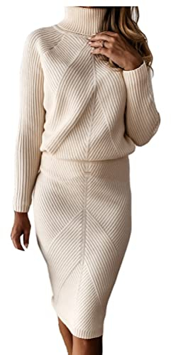 Minetom Damen Strickkleid Zweiteiliger Anzug Rollkragen Pullover Oberteil und Strickrock Bleistiftrock Elastische Knielang Bodycon 2 Stück Set Pulloverkleid A Beige M