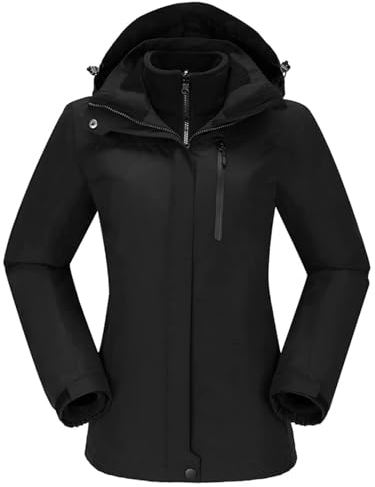 Ambayz Damen Skijacke 3-in-1 Wanderjacke mit Fleece wasserdichte atmungsaktive Funktionsjacke Winterjacke winddichte Outdoorjacke mit abnehmbarer Kapuze für Wintersport (Schwarz, L)