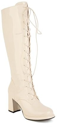 Stivaletti alti al ginocchio in pelle laccata punta rotonda con lacci tacco alto con gambo lungo fatto a mano stivali grandi dimensioni z529-51, beige., 44 EU