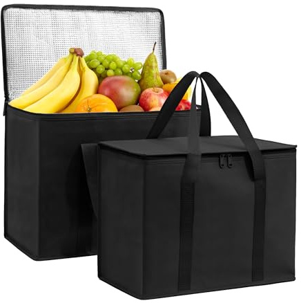 Isolierte Einkaufstasche (Nicht in China hergestellt), Wiederverwendbare Einkaufstasche, wärmeisoliert, Catering, Pizza, Picknick, Strand, Pool, Schwarz, 2 Pack, XL isoliert