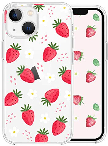 Cute Strawberry Case for iPhone 14 6.1 Inch with kawaii Little Daisy Design,Clear Slim Soft TPU Shockproof Protective Cover Compatible with iPhone 14 for Women Girls Kids