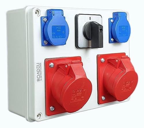 RoadEu - Steckdosenverteiler - 2x CEE 16A Steckdose mit Schalter und Schuko 230V - Stromverteiler mit Hauptschalter 0-1. Starkstrom Verteiler mit 2x CEE Steckdose 16A. Europäische Komponenten