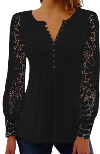 BISKAMY Tops for Women UK Elegant Ladies Tops Lace Patchwork Shirts Long Sleeve V Neck Blouse Plus Size Casual Loose T-Shirt, Black Medium