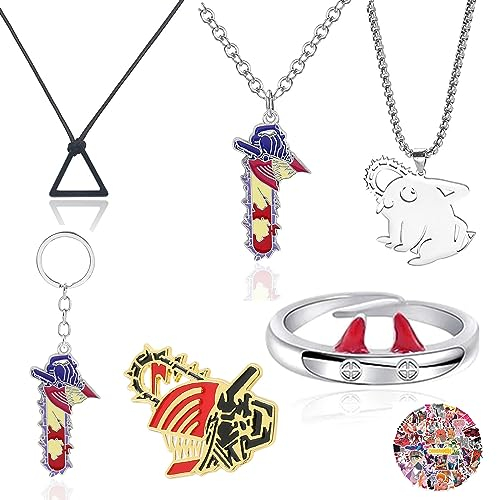 XHBTS - Collar de motosierra para hombre, llavero, anillos de potencia y 50 calcomanías de anime de diablo, joyería de motosierra, collares de cosplay, Aleación, plástico, Perla