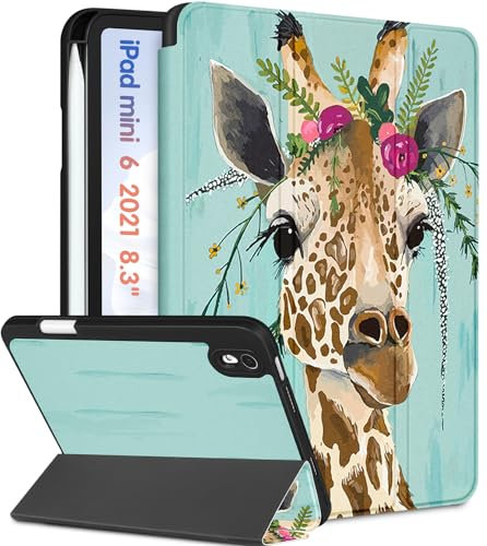 Wazzasoft for iPad Mini 7 Case - for iPad Mini 6th/7th Generation Cases Women Girls Cute Folio Cover Girly Giraffe Design Unique Pencil Holder for Apple Mini 6 2021/Mini 7 A17 Pro 2024 Case 8.3 Inch