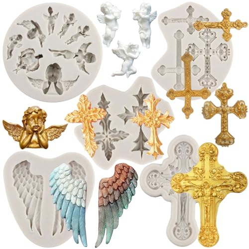 MYPRACS Lot de 5 Moules en Silicone en Forme de Croix et d'Ailes d'Ange pour Décoration de Gâteau de Baptême, Pâte à Sucre et Pâte Polymère