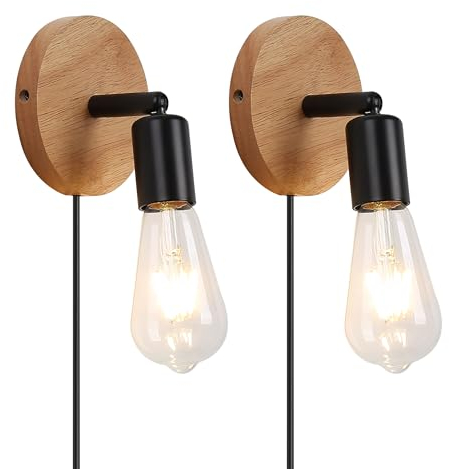 SUNLLOK 2 PCS Wandleuchte Bett Nachttisch Holz e27 Innen Vintage Landhausstil Design zum Kinderzimmer Schlafzimmer Flur Treppenhaus, Wandlampe Antik Nnachtlicht Retro Rustikal mit Stecker und Kabel