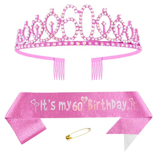 60. Geburtstags Krone und Schärpe für Damen Kristall Queen Tiara Princess Crown Rosa Birthday Schärpe 60th Geburtstagskrone Frau Geburtstagsschärpe Frauen Geburtstag Dekoration Geburtstagsgeschenk