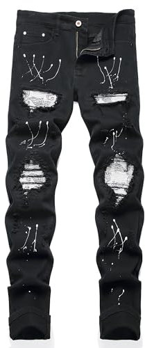 OIIIO - Men's Jeans with Patch, Ripped, Stretch Regular Fit, 6651 Black, 16
