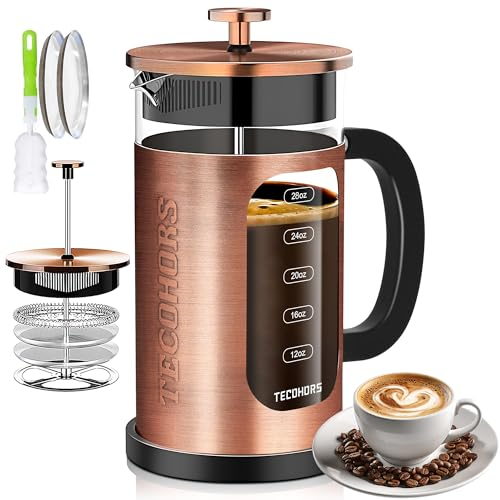 TECOHORS French Press Kaffeebereiter, 1 Quart 304 Edelstahl, mit 4 Filtersystem, hitzebeständiges Borosilikatglas, gebrühte Kaffeekanne (Kupfer)