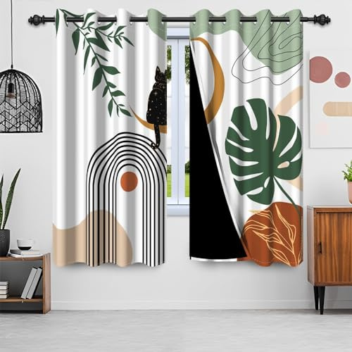 Uiiooazy Gardinen Boho, Vorhänge Abstrakt Grün Palmenblätter Terracotta Sonne Gardinen Blickdicht Thermovorhang Grün Blätter Thermogardinen Verdunklungsvorhänge für Wohnzimmer Schlafzimmer 140x260cm