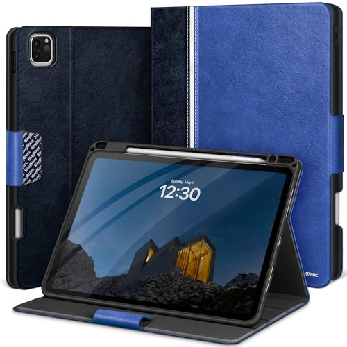 KingBlanc Case for iPad Pro 11-inch 4th/3rd/2nd/1st Generation 2022/2021/2020/2018 with Pencil Holder, Vegan Leather Bicolor Cover, Auto Sleep Wake, Apple Pencil 2. Charging, Multi-Angle Viewing, Blue